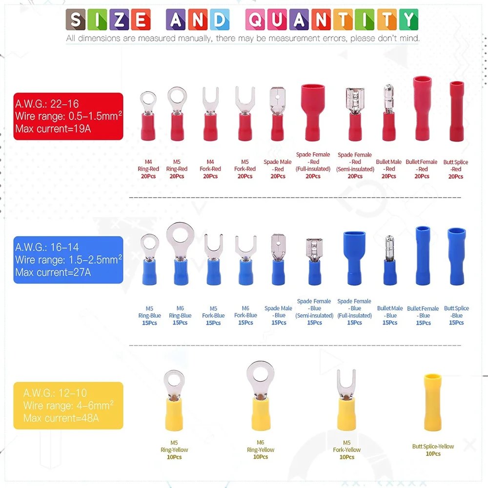 390pcs 22-16/16-14/12-10 Gauge Quick Disconnect Electrical Insulated Butt Bullet Spade Fork Ring Crimp Terminals Connectors Kit