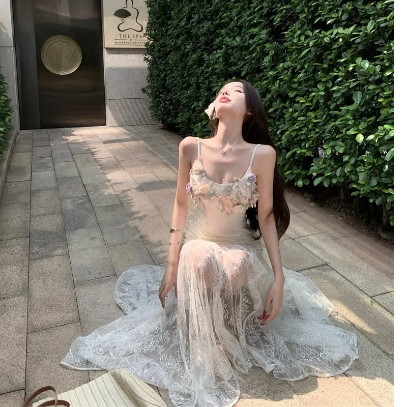 Rete in pizzo ricamato pesante Puro desiderio Vacanza Lungo Dr Estate Nuovo Sle Bellissimo Strapl Dr Coreano Sle Vita alta