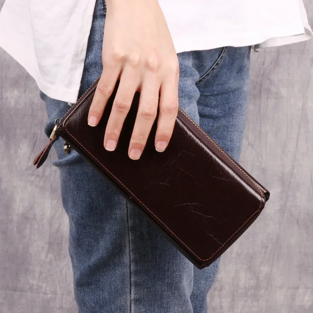 

Fashionable Men's Genuine Leather Wristlet Wallet with Large Capacity and Zipper Closure