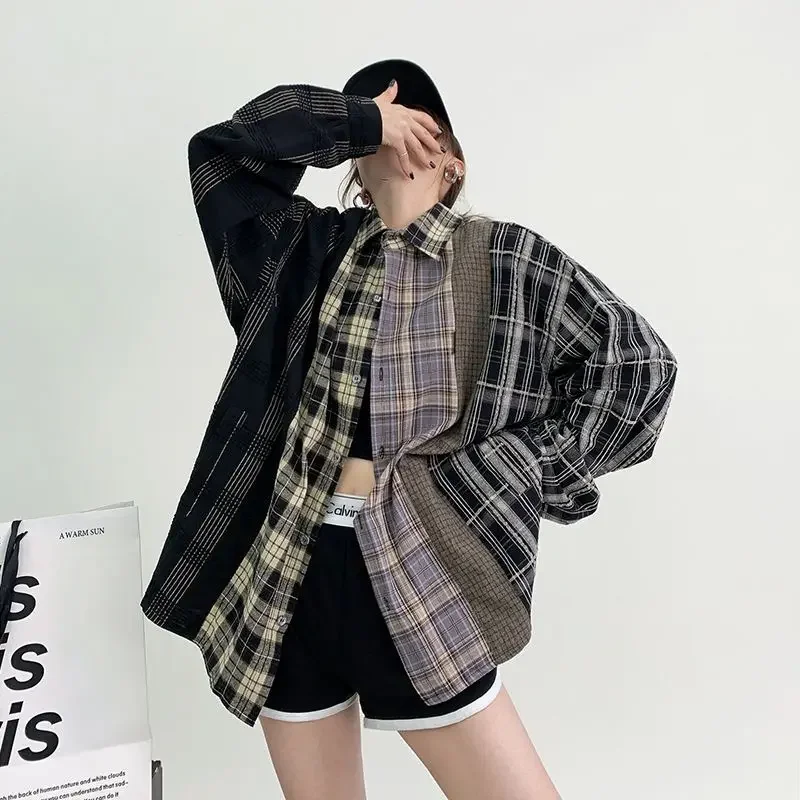 QWEEK Vintage Patchwork Plaid Shirt Japanese Style Oversized Women\'s Blouse Korean Streetwear Long Sleeve Tops Harajuku Fashion