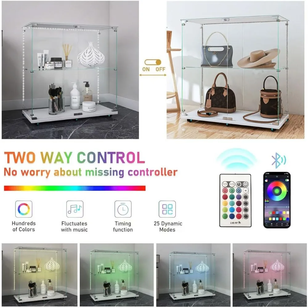 Modern Rolling Glass Curio Cabinet with LED Lights, 2 Doors, 2 Shelves, Lockable, 34.17 High