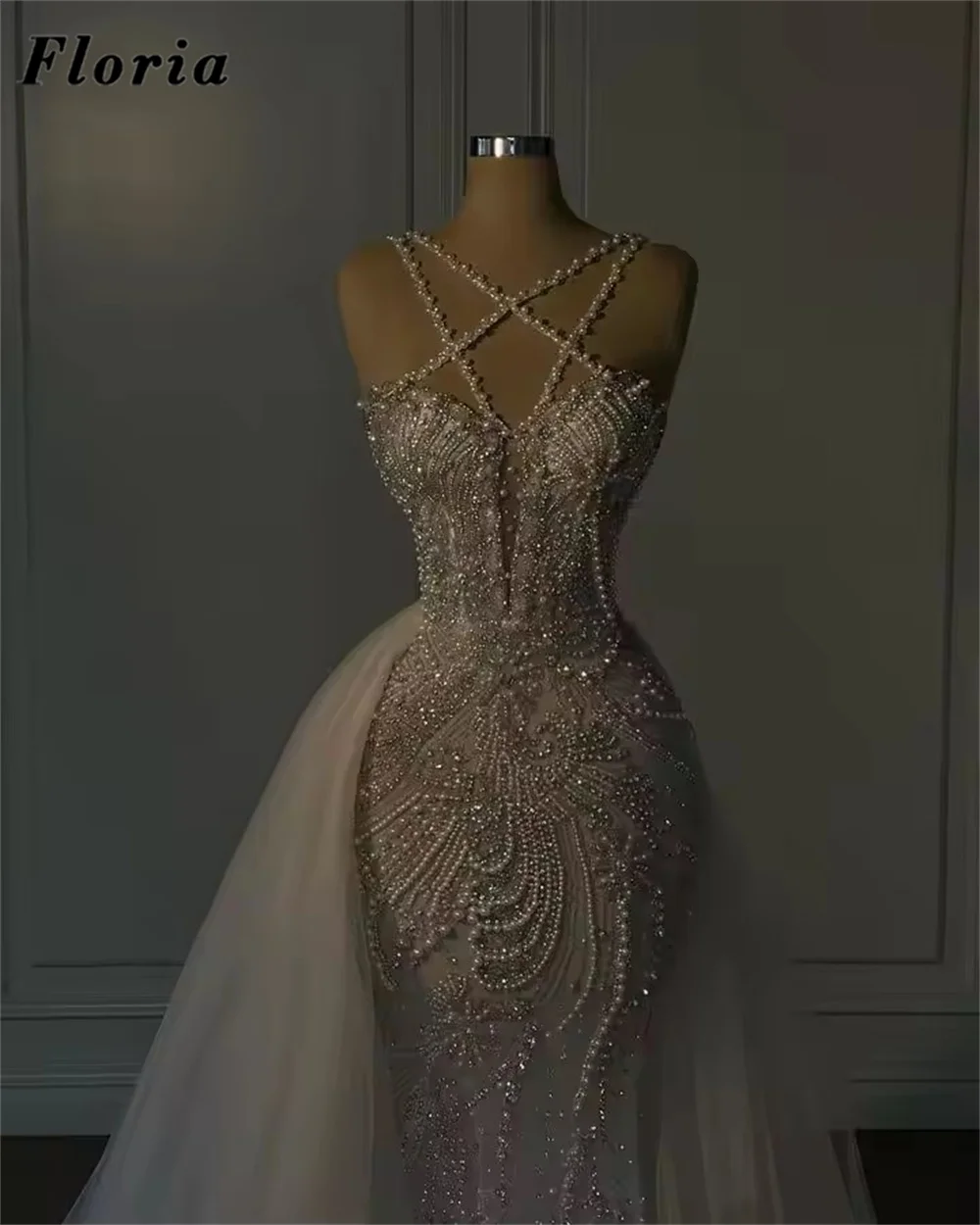 Mermaid Wedding Dresses Customized Beading Cape Train Women Bridal Gowns Vestidos De Noche Straps Pearls Dubai Bride Dress