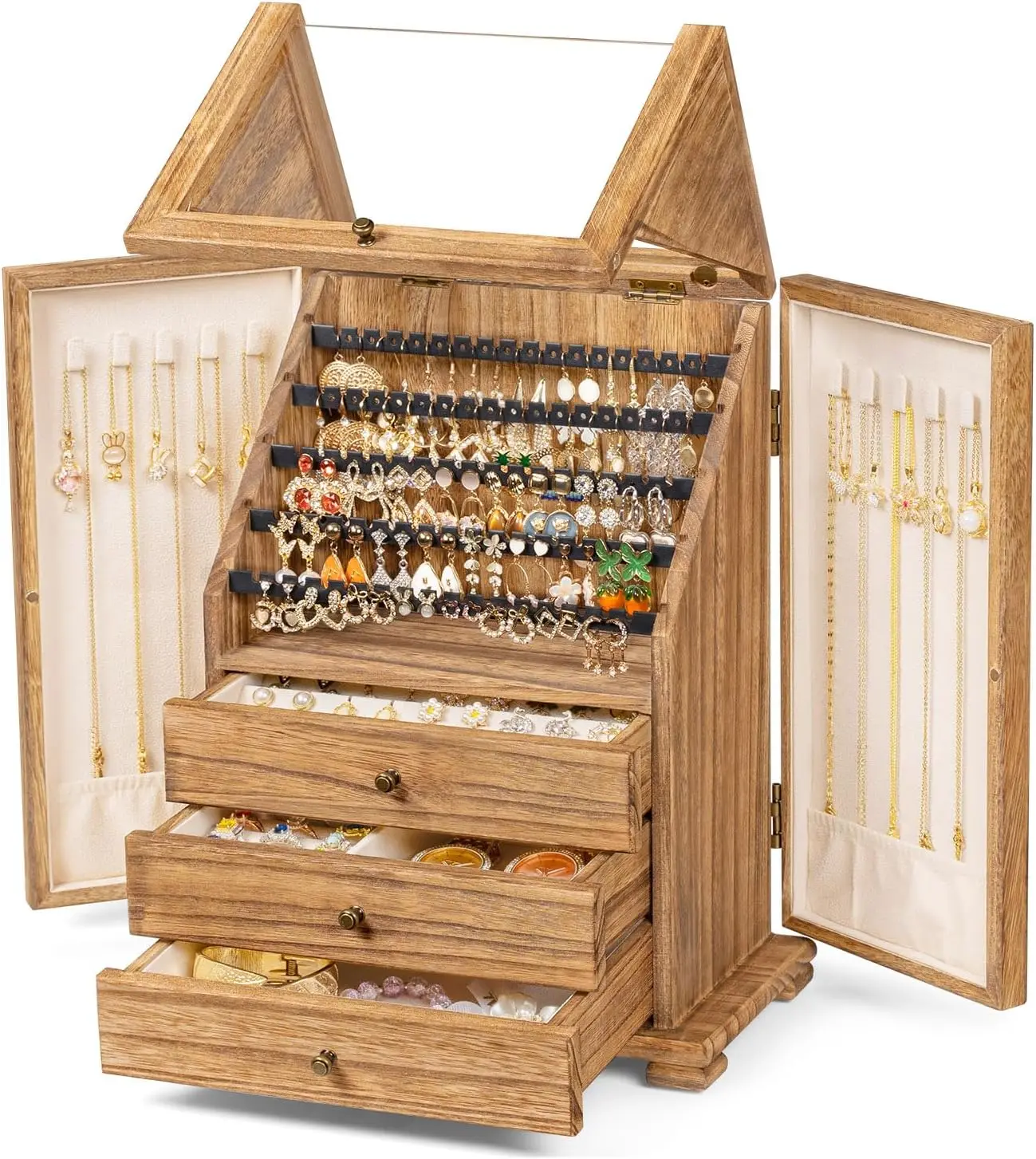 Jewelry Box Organizer, Rustic Wooden Jewelry Boxes for Women Girls, Large Storage Earring Holder Organizer Display for Earrings Necklaces Rings Bracelets (Rustic Brown)