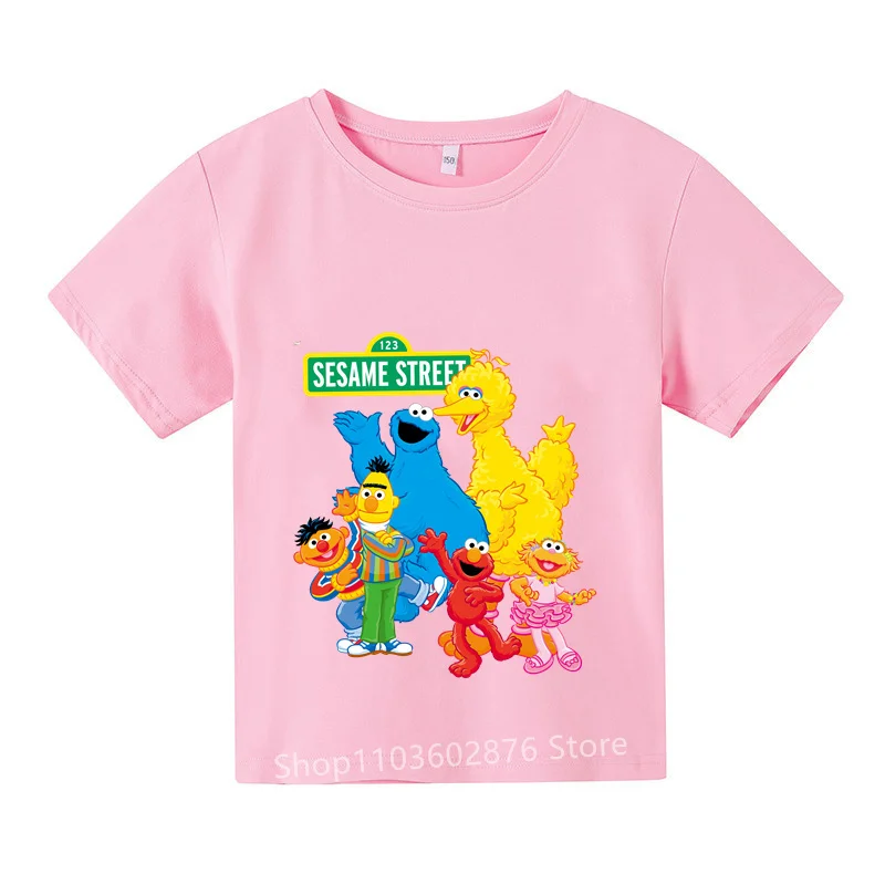 New 2024 Sesame Street Print Short Sleeve T-shirt Casual Sportswear for Boys Girls and Kids Children's Fashionable Clothing