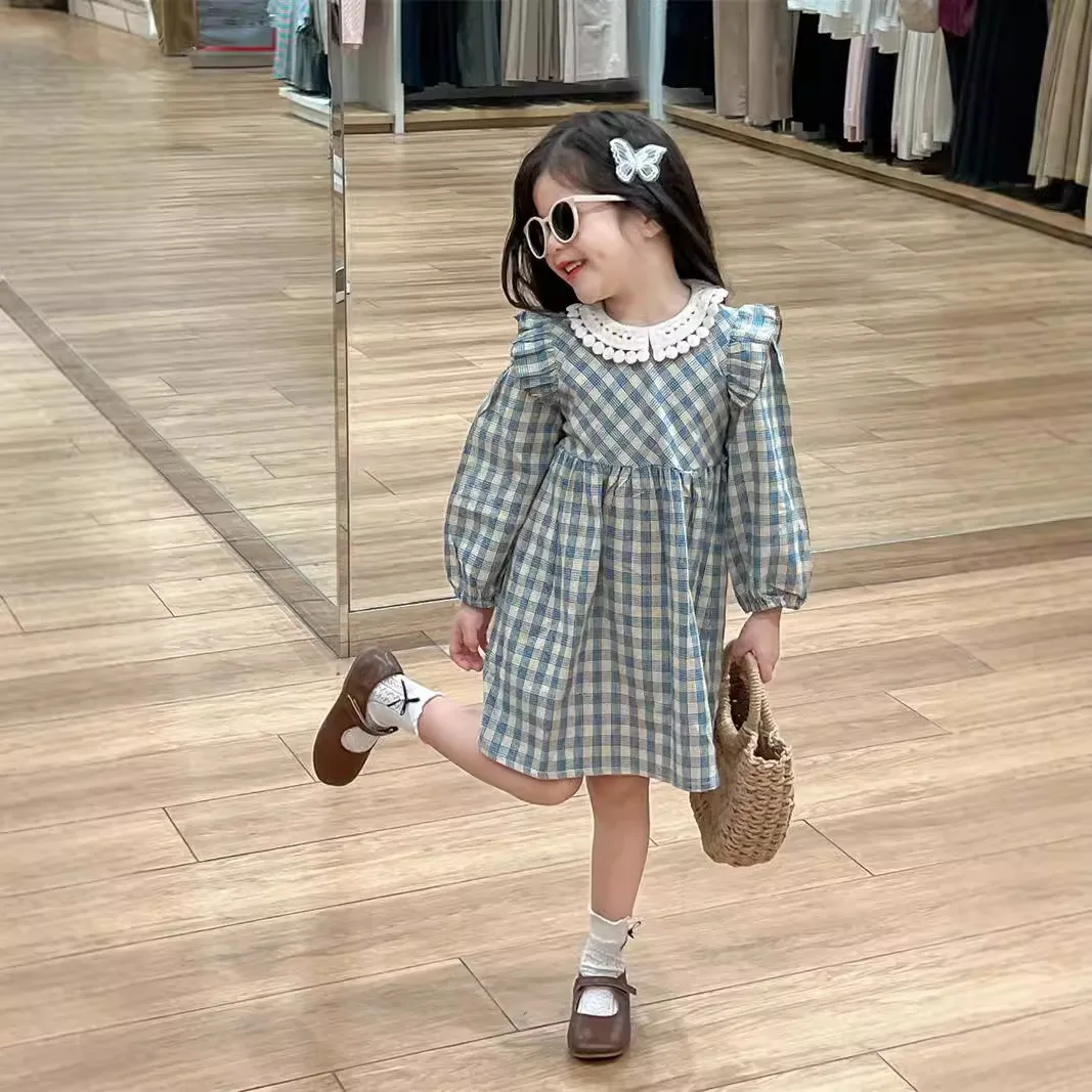 Baby Girls Dress Lace Collar Cute Plaid Long Sleeve 2024 Autumn New Korean Style Childrens Princess Dress