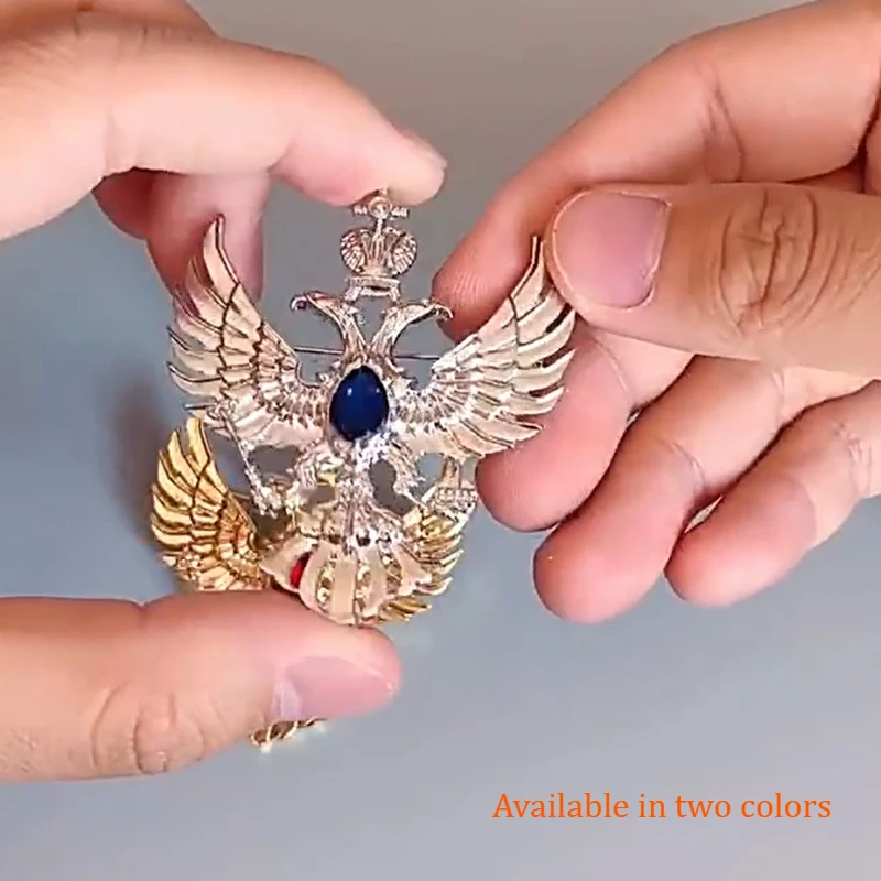1Pc Retro Double Headed Eagle Russian Emblem Brooch Antique Gold Crystal Lapel Pin for Women Men