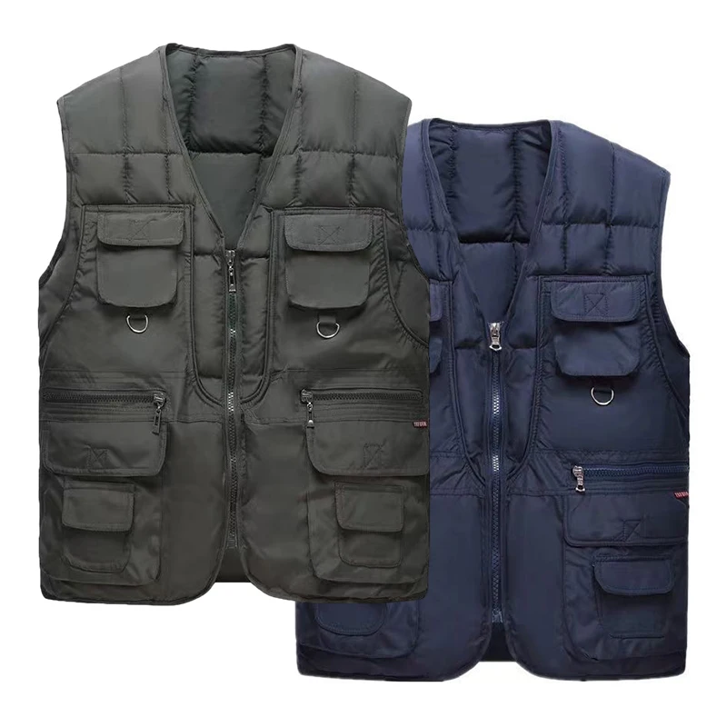 

Multi Pocket Men Vest Autumn Winter Cotton Thickened Capless Casual Outdoors Fishing Vest Middle Aged And Elderly Male Waistcoat