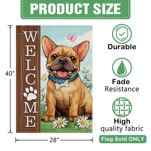 Welcome French Bulldog Dog 28 x 40 House Flag Double Sided, Paw Print Garden ... ZZY