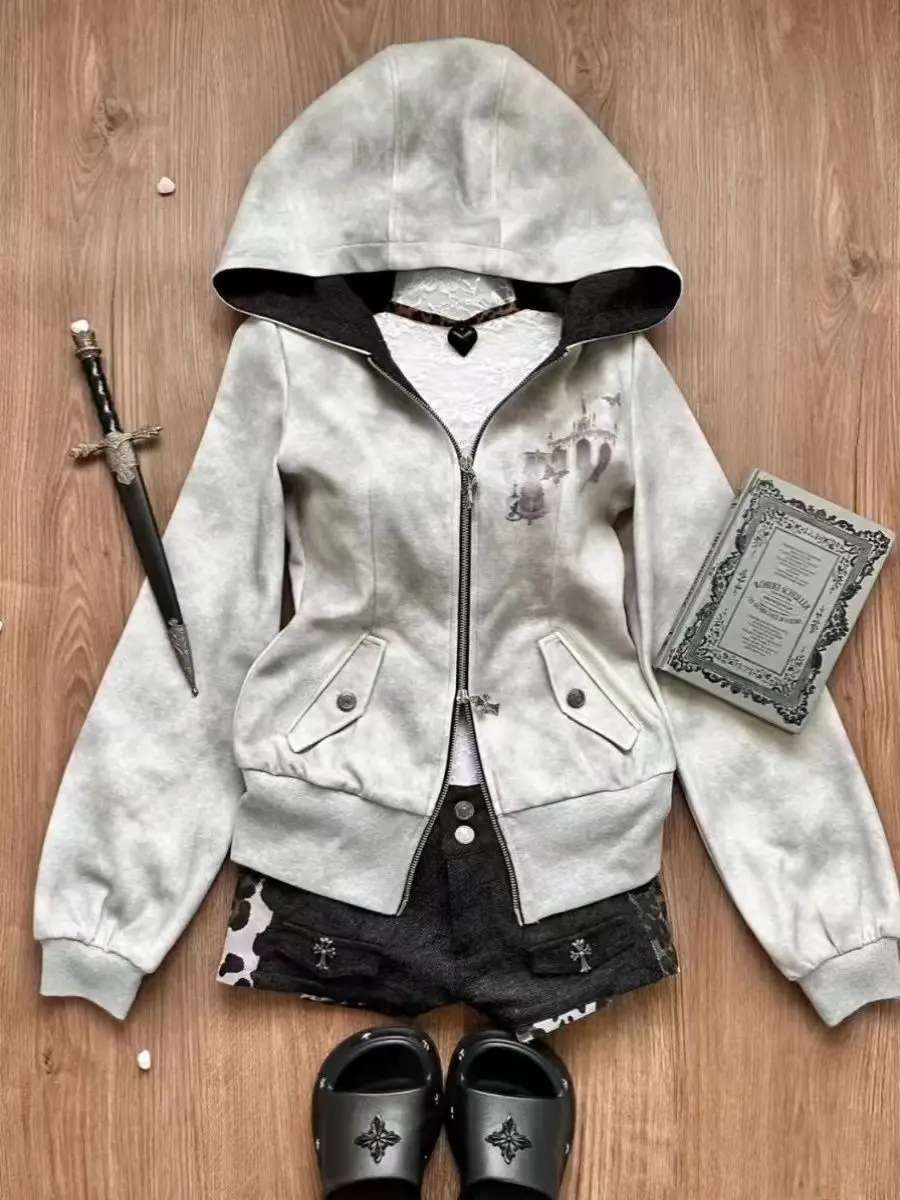 Gray Cat Hooded Coat Women Autumn and Winter Sweet Hot Girl Subculture Trend Shoulder Retro Plus Velvet Casual Top