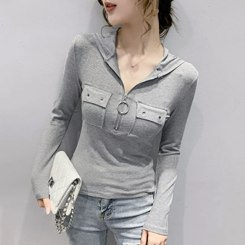 #7914 Black Grey Long Sleeve Hooded T Shirt For Women Zipper Sexy Streetwear Short T Shirt Female Pockets Stretch Cotton Slim