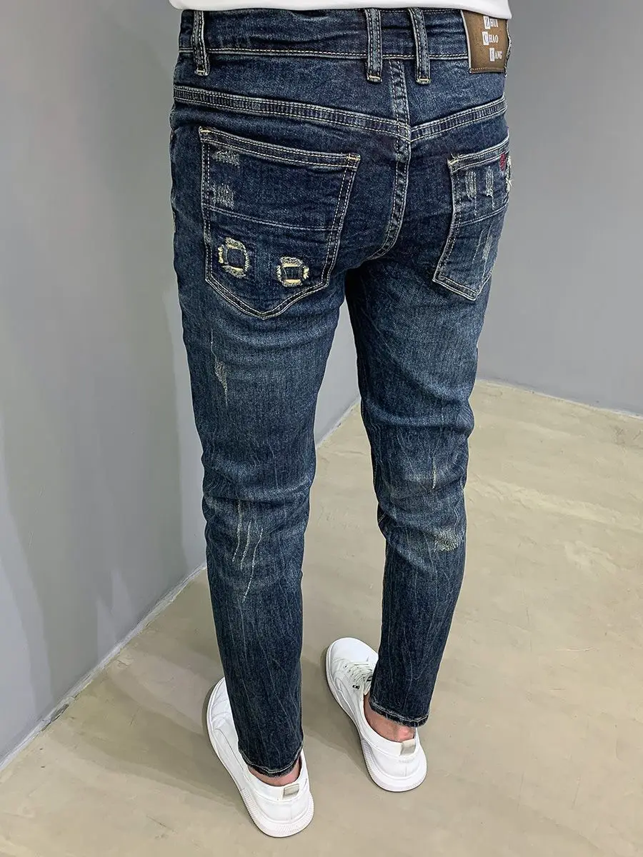 Harajuku Moda Autunno Nuovi Jeans Blu Marchio Alla Moda da Uomo Graffi Cargo Lavoro Coreano Pantaloni Slim Pantaloni Elastici di Lusso