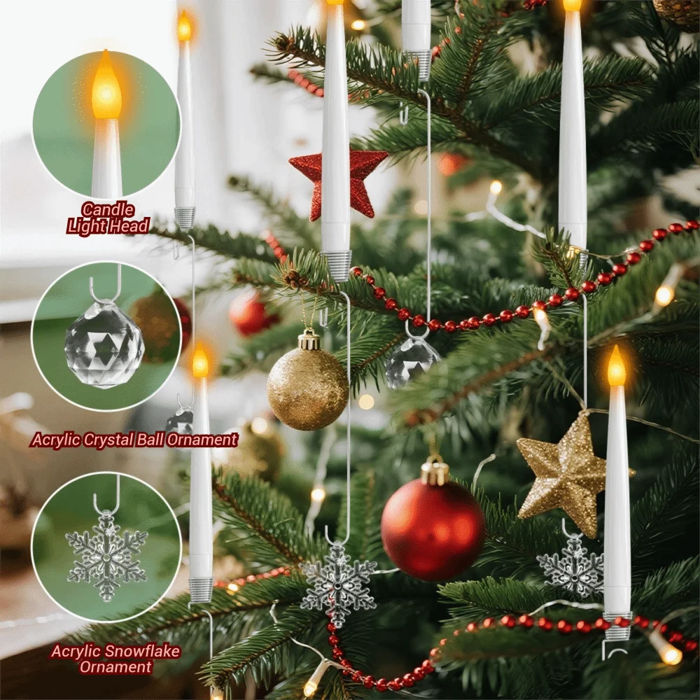 6 Piece Battery Powered Christmas Tree Suspended LED Candle with Crystal Pendant with Remote Decorative Candle Light Hook Design