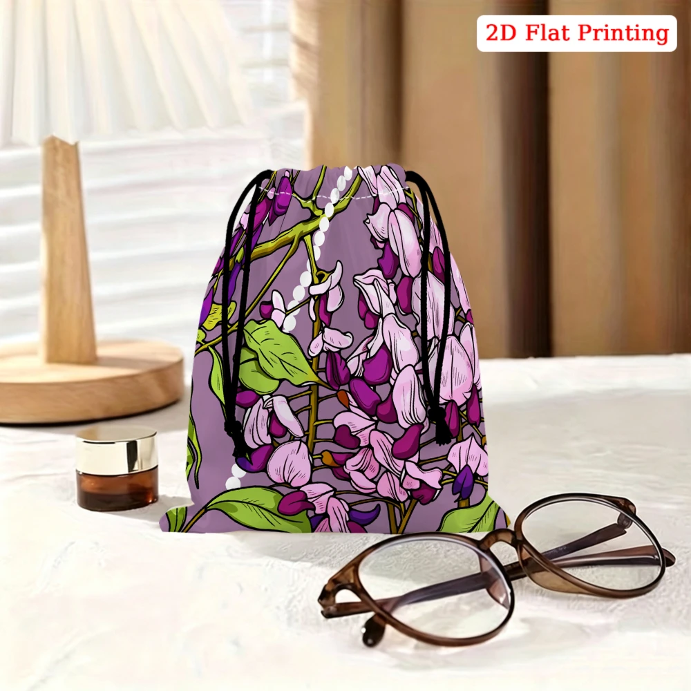 1pc Floral Drawstring Bag Purple Wisteria Print Storage Small Pouch Travel Cosmetic Organizer For Women Portable Gift