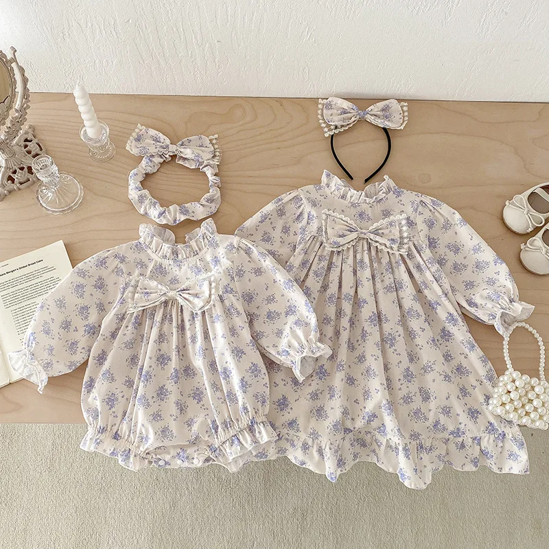 ​​2025 Fall Baby Girl Princess Outfit Long Sleeve Romper Dress + Bow Headband Set Sister Matching Clothes 0-24 Months​