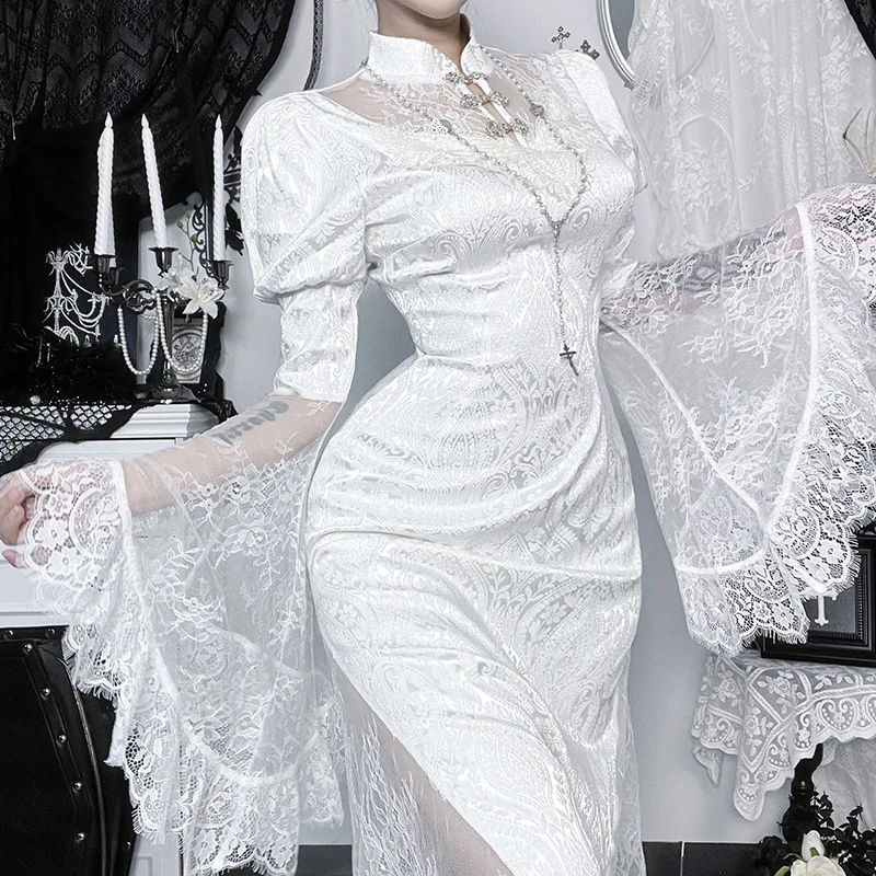 Vintage Gothic Lace Jacquard Fishtail Cheongsam Dress Subculture Long  Sleeve Slim White Dress Aesthetic Y2K Sexy Long Dresses - AliExpress  200000345