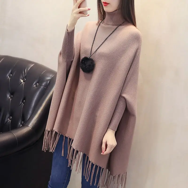 Korean Loose Fit Autumn and Winter New French College Cape Women Mid-length Poncho Warps Woolen Tassel Solid Female Coat T326