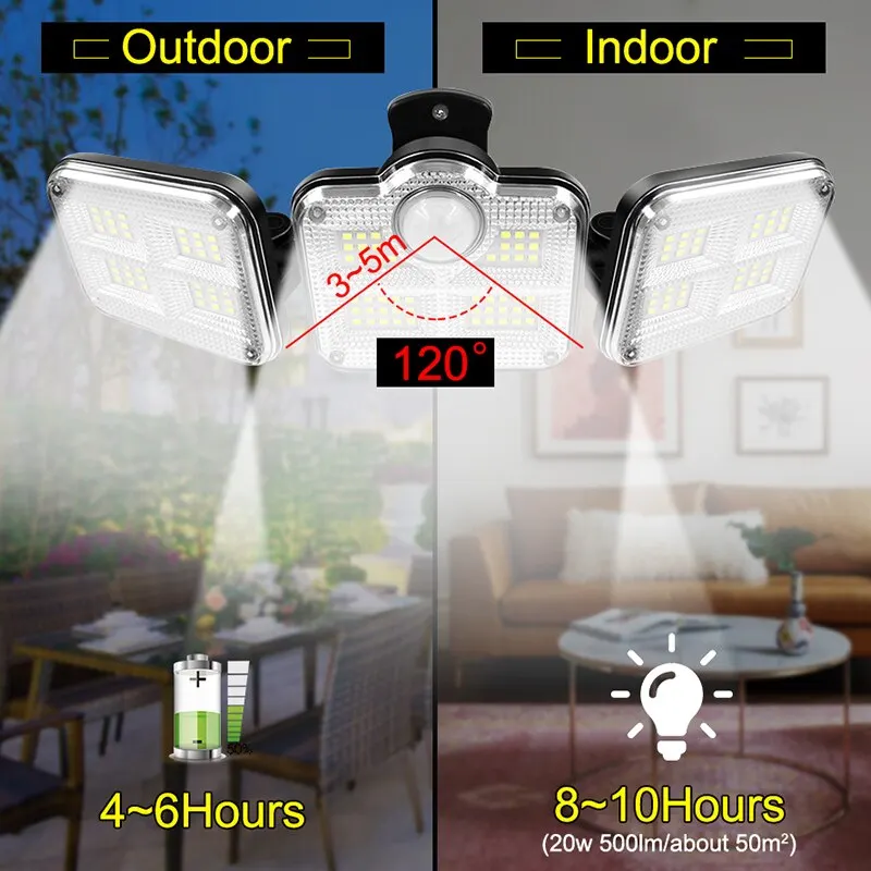 20w luce solare 122/333led IP65 lampada da giardino solare per interni impermeabile con testa regolabile ampio angolo di illuminazione con 3 modalità