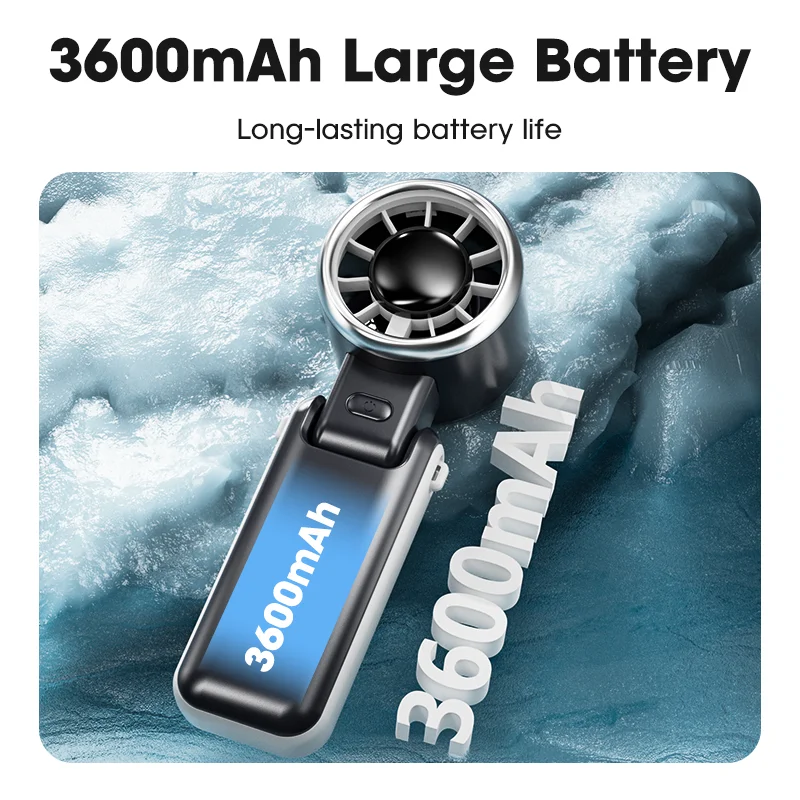 Mini ventilador portátil dobrável para pendurar no pescoço, display LED recarregável de 5 velocidades, ventilador portátil 3 em 1 para viagens e praia