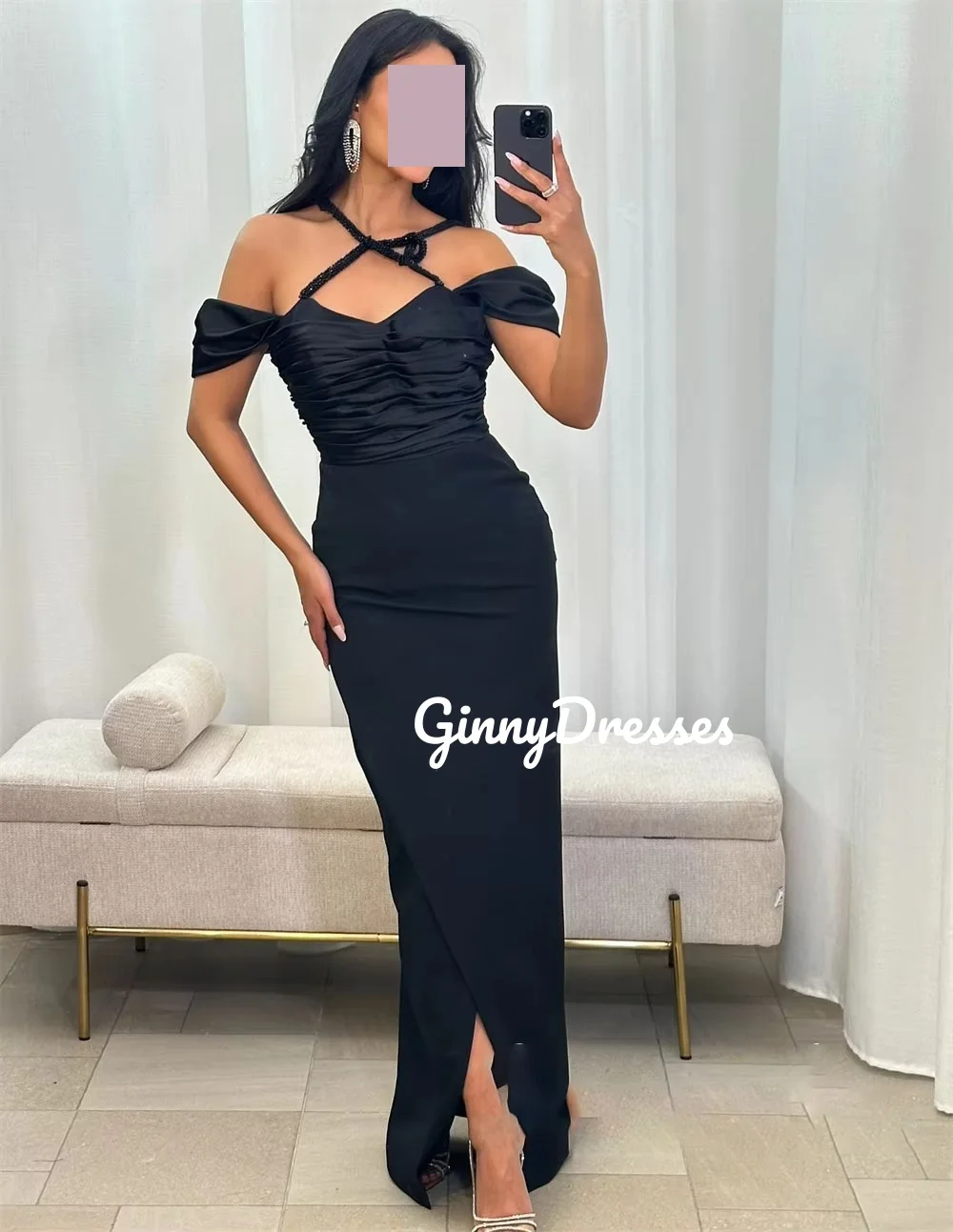 Dresses For Prom Sheath Split Customize Halter Floor-Length Ruffle Luxury Evening Dresses Short Sleeves Vestidos De Fiesta