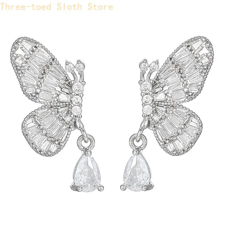 Butterfly Earbud Jewelry Accessory Set with Clear Stone Detail, Silver Tone Finish and Matching Pair Design for Styled Daily