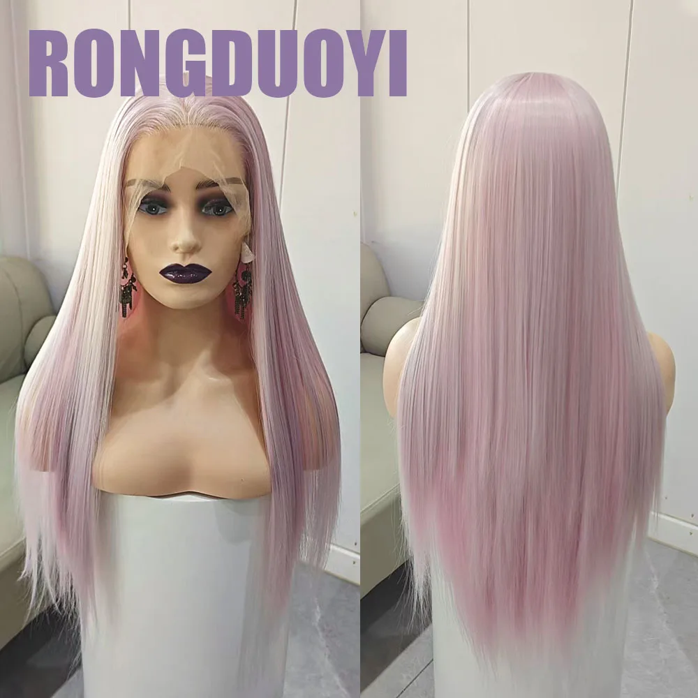 RONGDUOYI Light Pink Mix Grey Synthetic Hair Silk Straight Free Part Glueluss Lace Front Wigs Makeup Party Use Pink Mix Hair