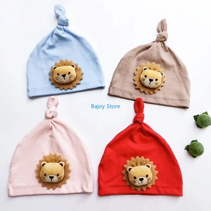 

63HE Lion Themed Baby Soft Breathable Knotted Hat Cosy Headgear Solid Headwear for Infants up to 1 Year