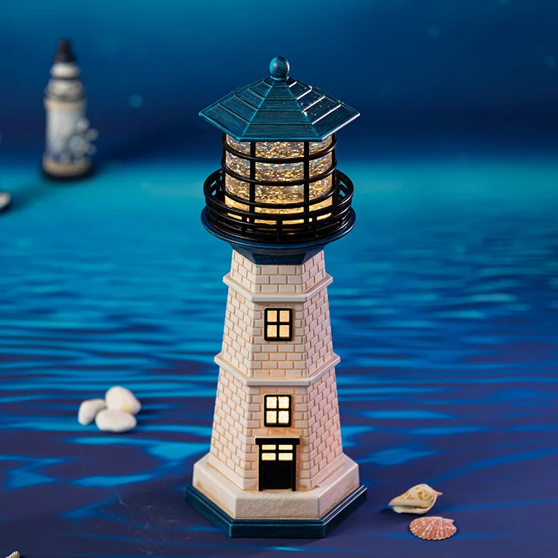 Mediterranean Lighthouse LED Music Box with Glitter Globe, Nautical Coastal Decor & Romantic Night Light, Creative Birthday Gift
