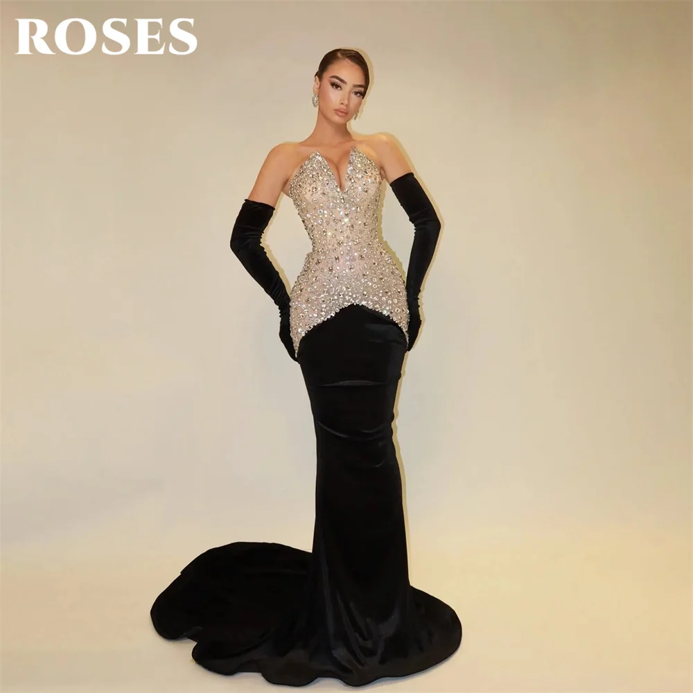 ROSES Black Prom Dress Deep V Neck Crystal Celebrity Dress Patchwork Velvet Women's Evening Dress Mermaid Formal Gown Customized