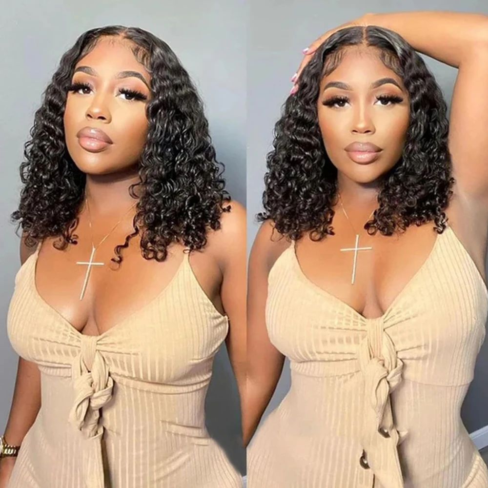 قصيرة مجعد موجة المياه شعر الإنسان بوب الباروكات 13x4 HD الدانتيل أمامي شعر الإنسان موجة عميقة شفافة الدانتيل الجبهة الباروكات للنساء 180%