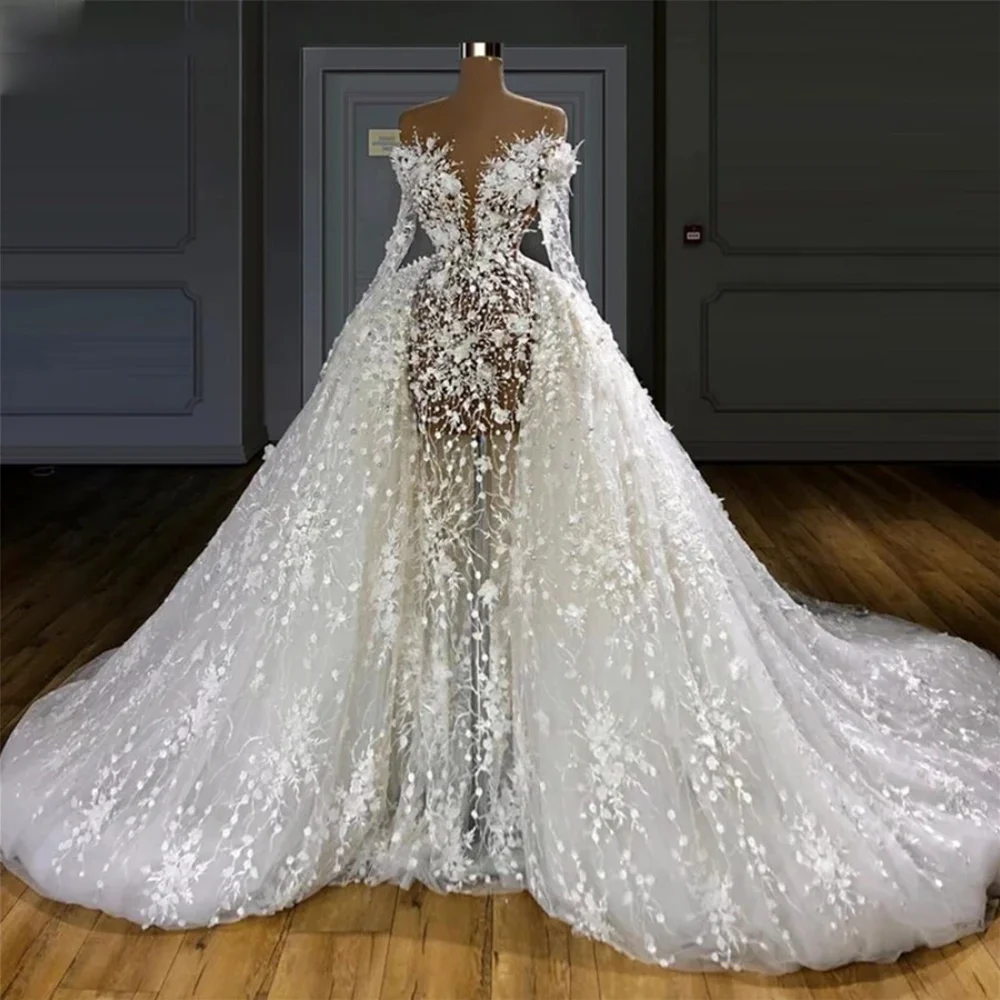 

Sexy Illusion Mermaid Wedding Dresses For Women Deep V-Neck Detachable Chapel Train Luxury Pearls Bridal Gown Robe De Mariée