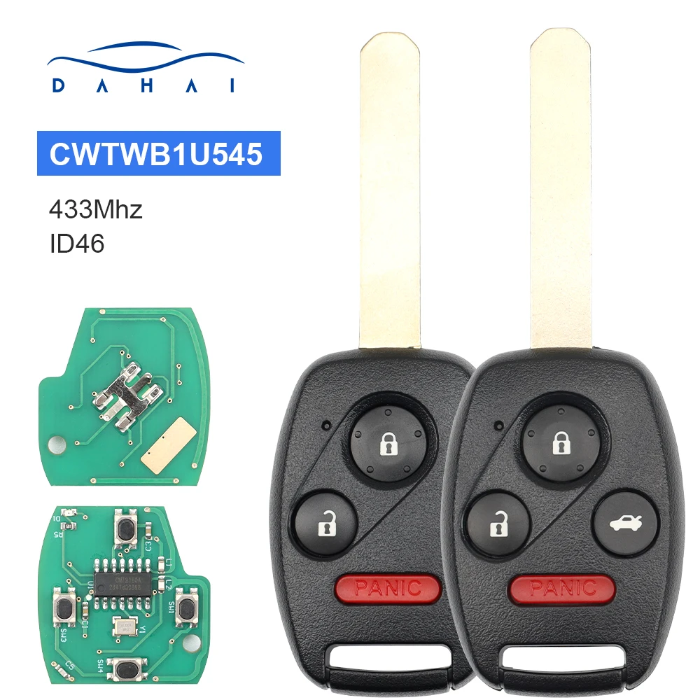 

Dahai car CWTWB1U545 433Mhz ID46 Chip 3/4 Buttons Smart Remote Key Fob For Honda Pilot 2005 2006 2007 2008 1788A-FWB1U545