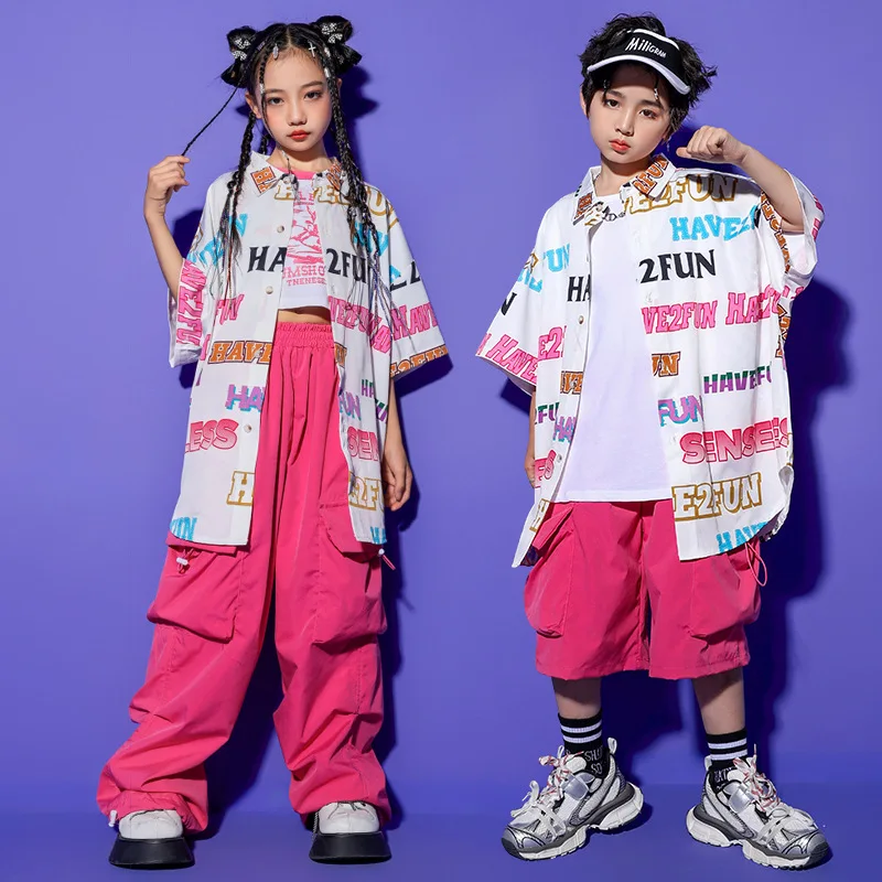

Kid Kpop Hip Hop Clothing Letter Print Shirt Casual Drawstring Pocket Cargo Pants Shorts for Girl Boy Jazz Dance Costume Clothes
