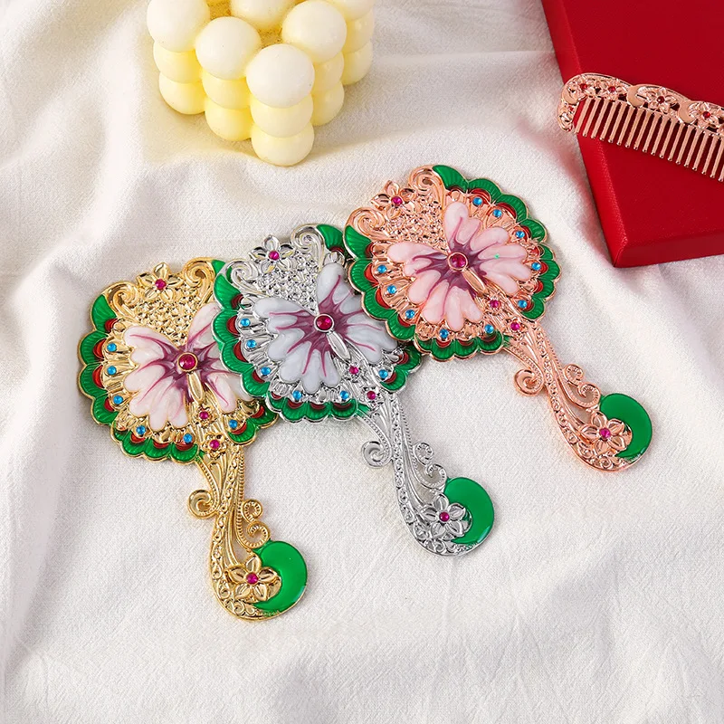 1 セットハンドヘルドミラーメイクアップヴィンテージ装飾パーソナルミラーコームポータブル化粧品