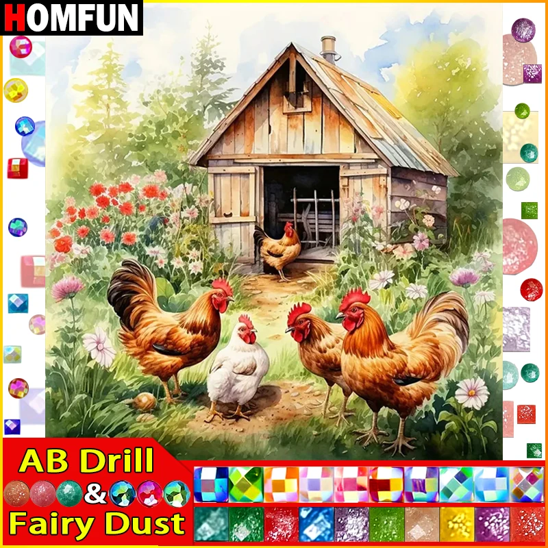 

HOMFUN Fairy Dust AB Diamond Painting Full Square/Round Diamond "Animal Rooster House" Pattern Embroidery 5D Rhinestone Painting