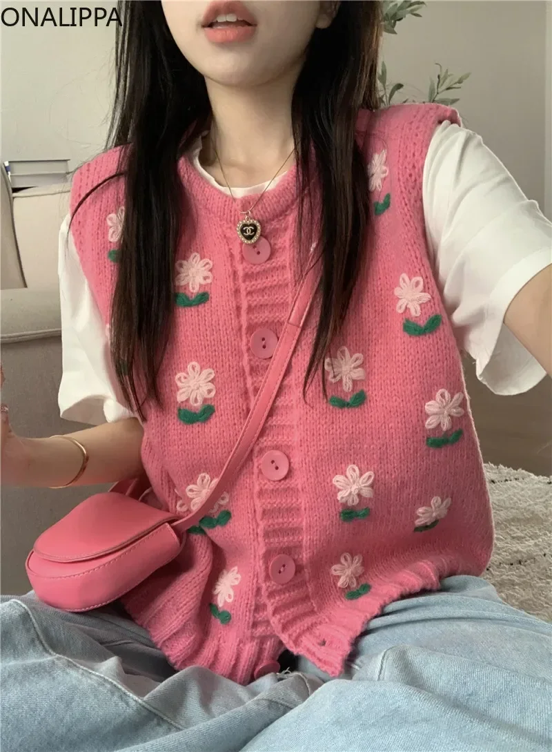 Onalippa Heavy Industry Embroidery Floral Sweater Vest Women Single Breasted Pink Sleeveless Knit Cardigan Korean Sweet Sweaters