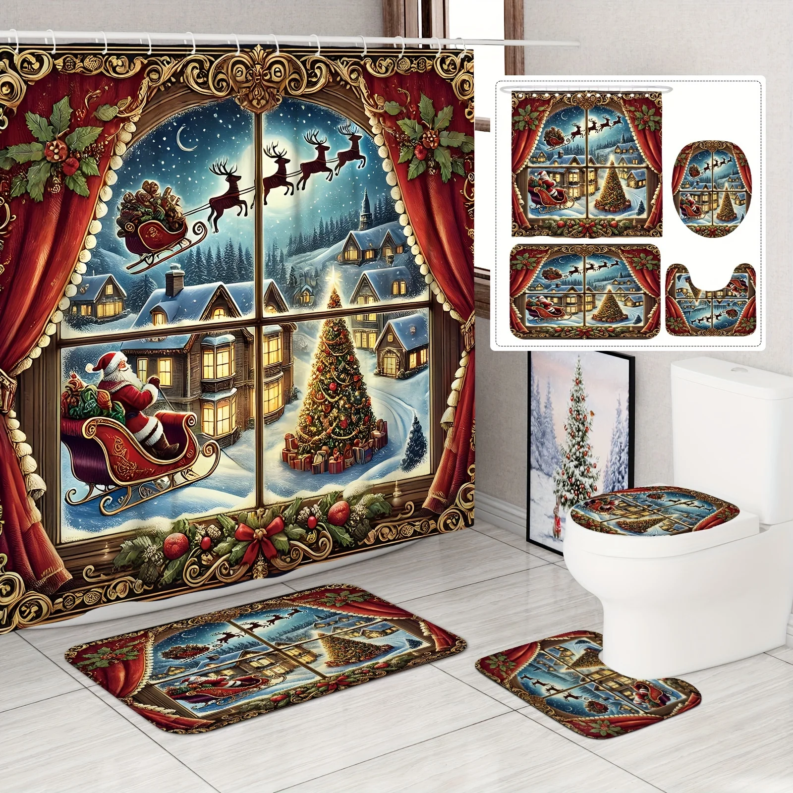 

4 шт., набор занавесок для душа с изображением дерева Санта-оленя, с крючком и U-образным чехлом на сиденье унитаза, аксессуары для ванной комнаты, рождественские украшения