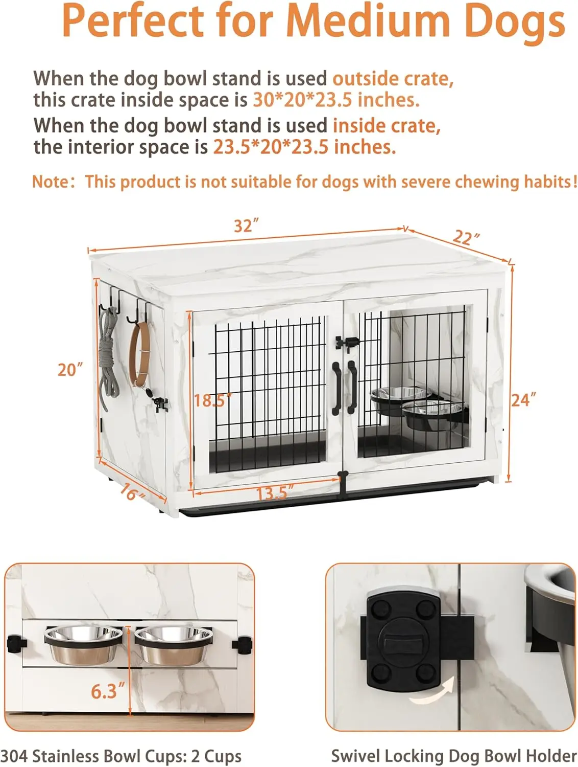 Wooden Dog Crate Furniture with 360°Rotatable Removable Dog Bowls, Crate End Table with Tray, Double Doors Kennels