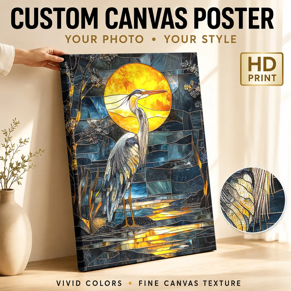 Heron and Moon Stained Glass Art Canvas Print Poster Personalized Photo Modern Aesthetic Wall Paintings Decoration for Bedroom
