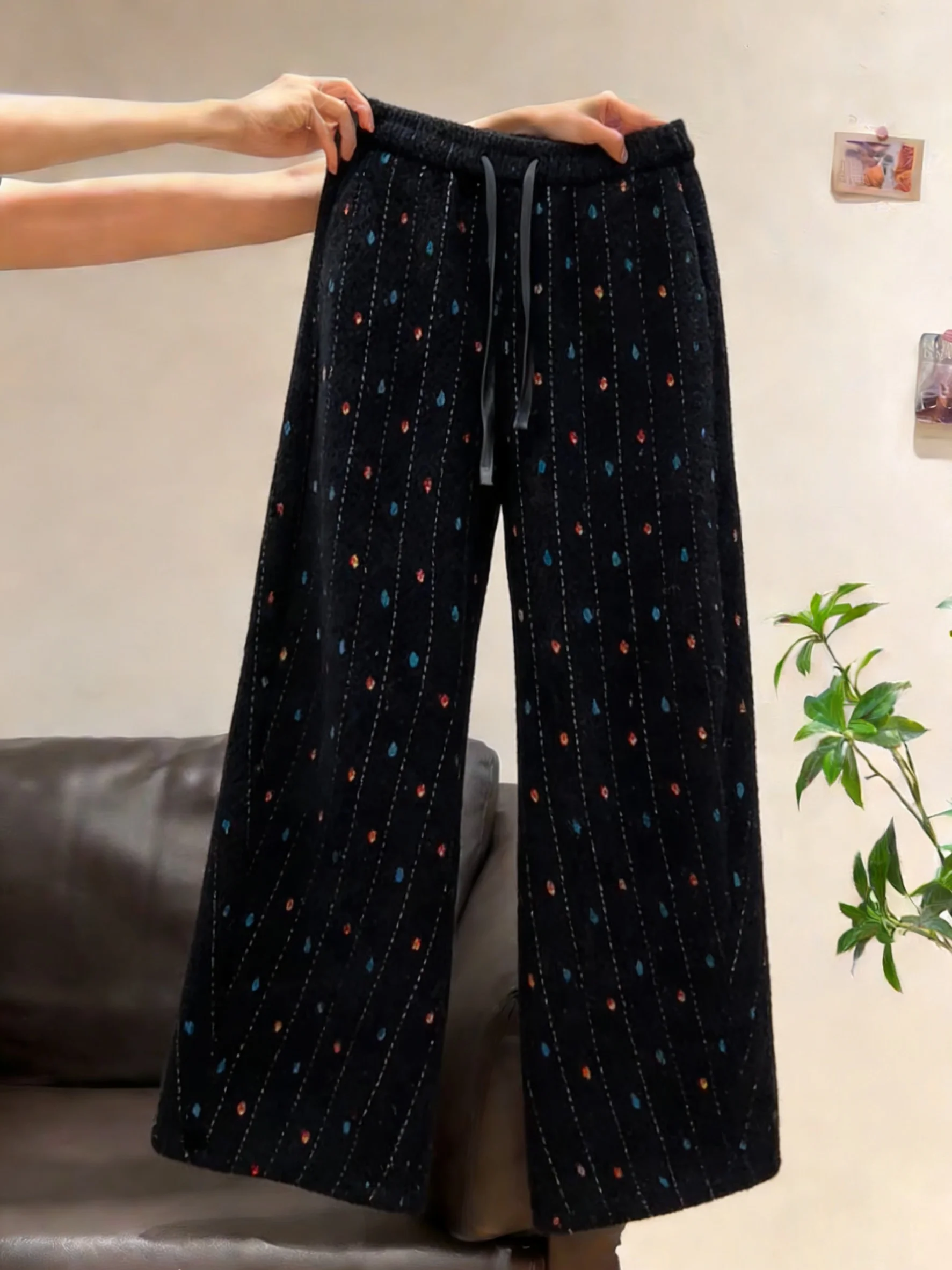 

Модные плотные повседневные брюки с принтом для женщин, весенне-осенние, винтажные, свободные, утягивающие, широкие брюки с узором в виде сердец