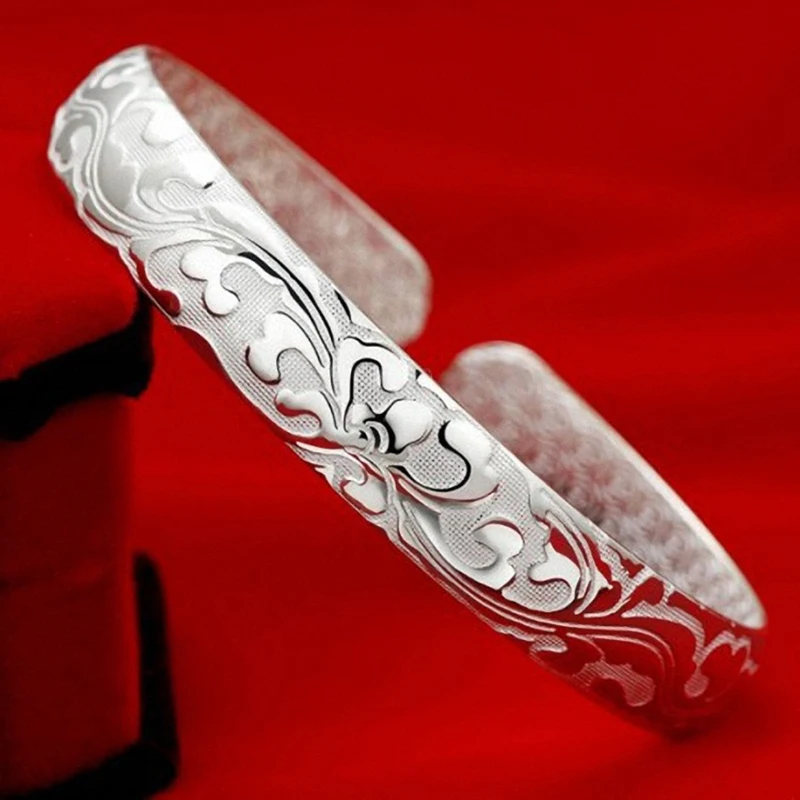 925 Sterling Silver Decorative Pattern Cuff Bangles Bracelets For Women Wedding Luxury Designer Jewelry Argent 925