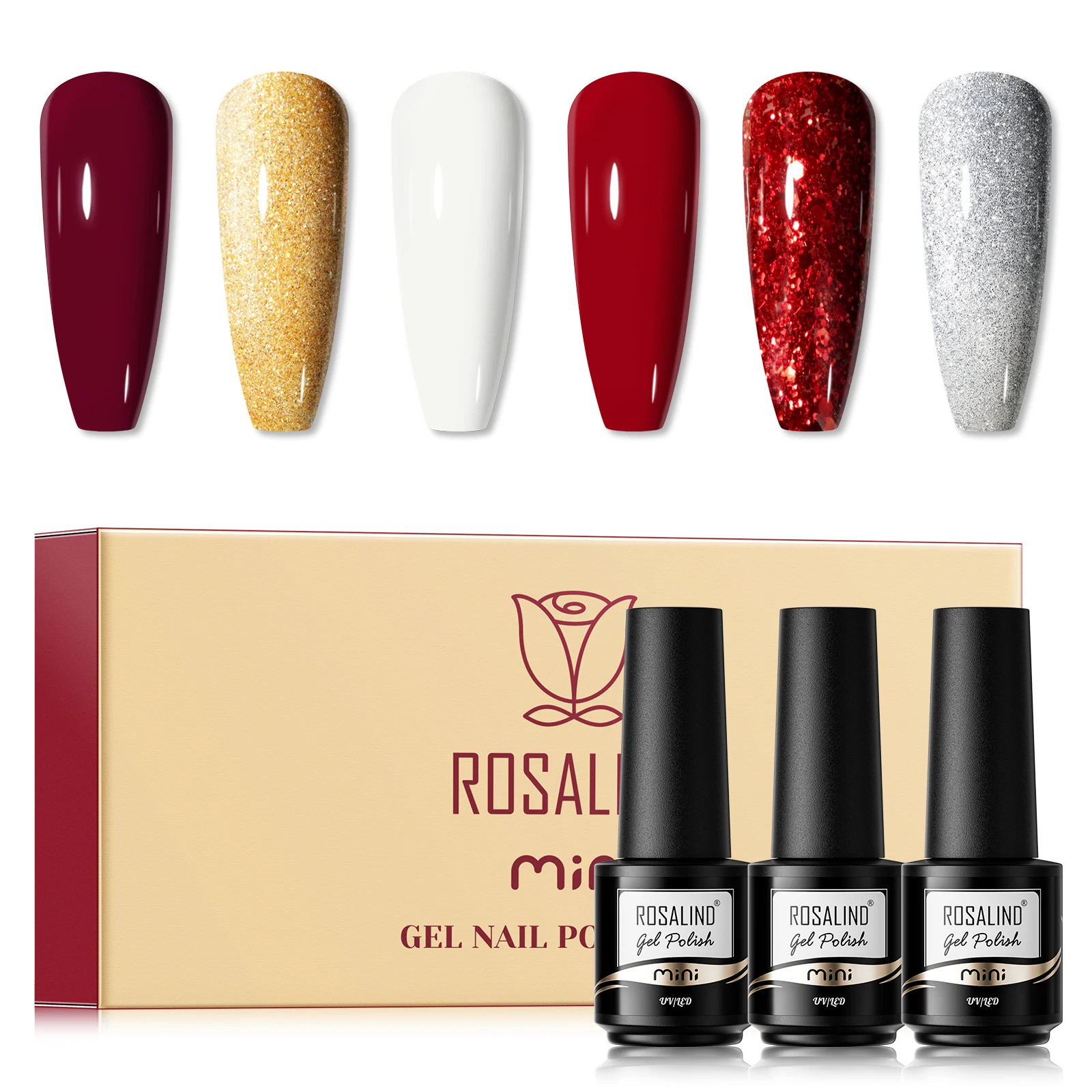 ROSALIND Gel-Nagellack-Set, 6-teilig, rosa Nagellack-Set, semi-permanenter Glitzer-Gel-Kunst für zu Hause, Basis- und Decklack-Gel-Nagellack