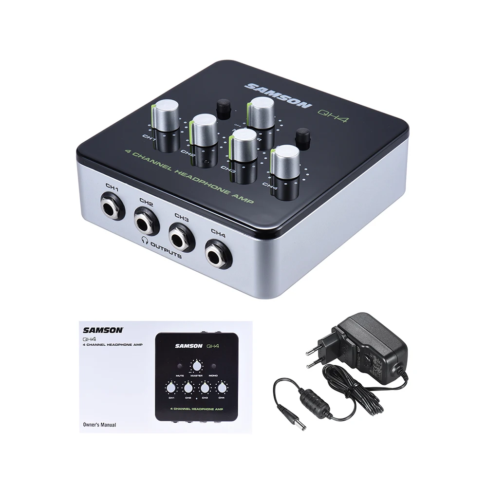 Samson QH4 Ultra-Compact 4-Channel Mini Audio สเตอริโอ DJ การตรวจสอบหูฟังแอมป์พร้อมอะแดปเตอร์ไฟ