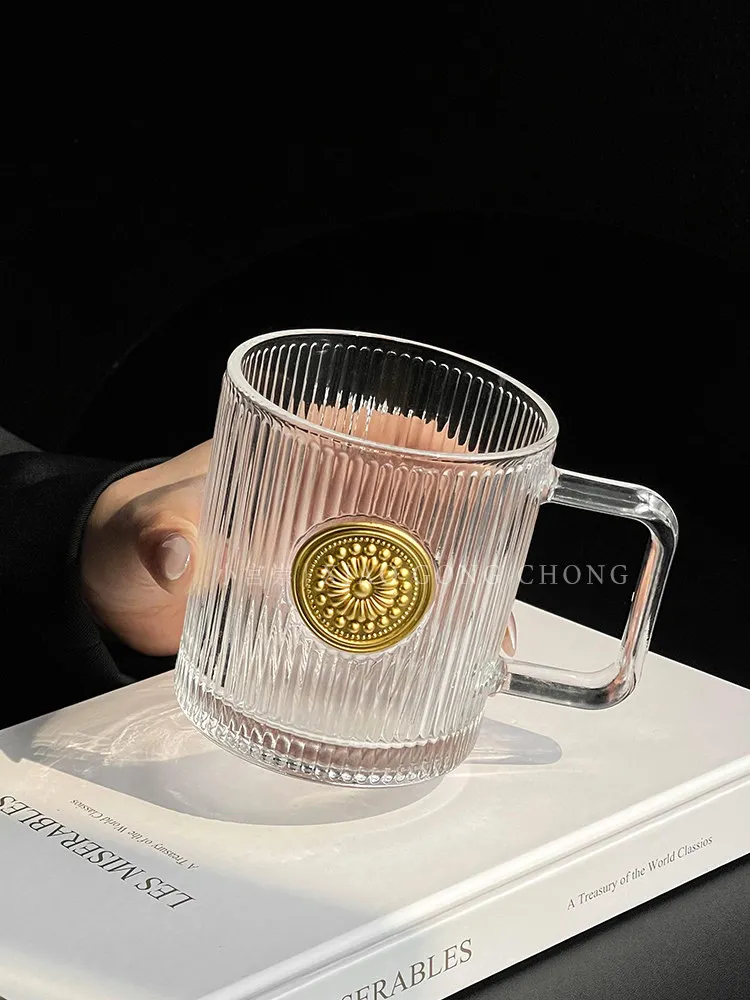 Yjq retro sunflower gold piece with handle glass high-end household tea milk cup