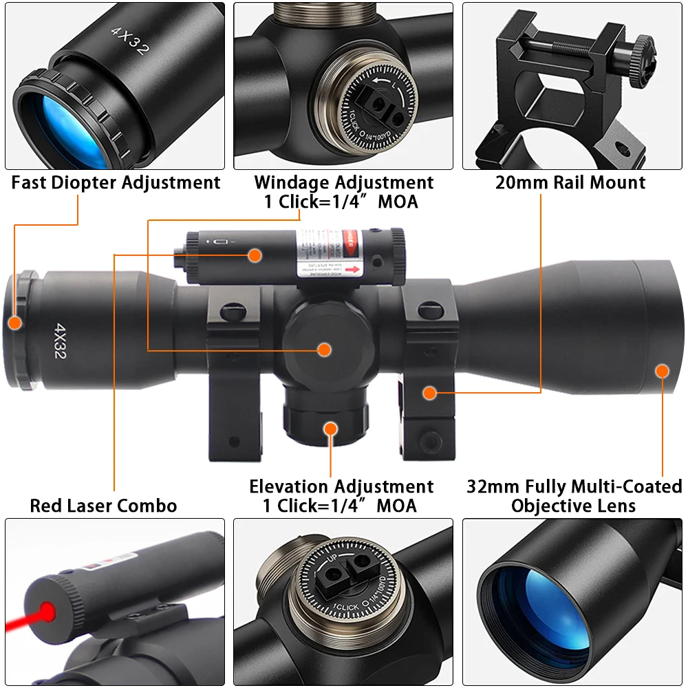 4x32 Compact Rifle Scope Laser Combo Tactical Optical Sights Hunting Riflescope Rangefinder Reticle for 11/20mm Rail Mount