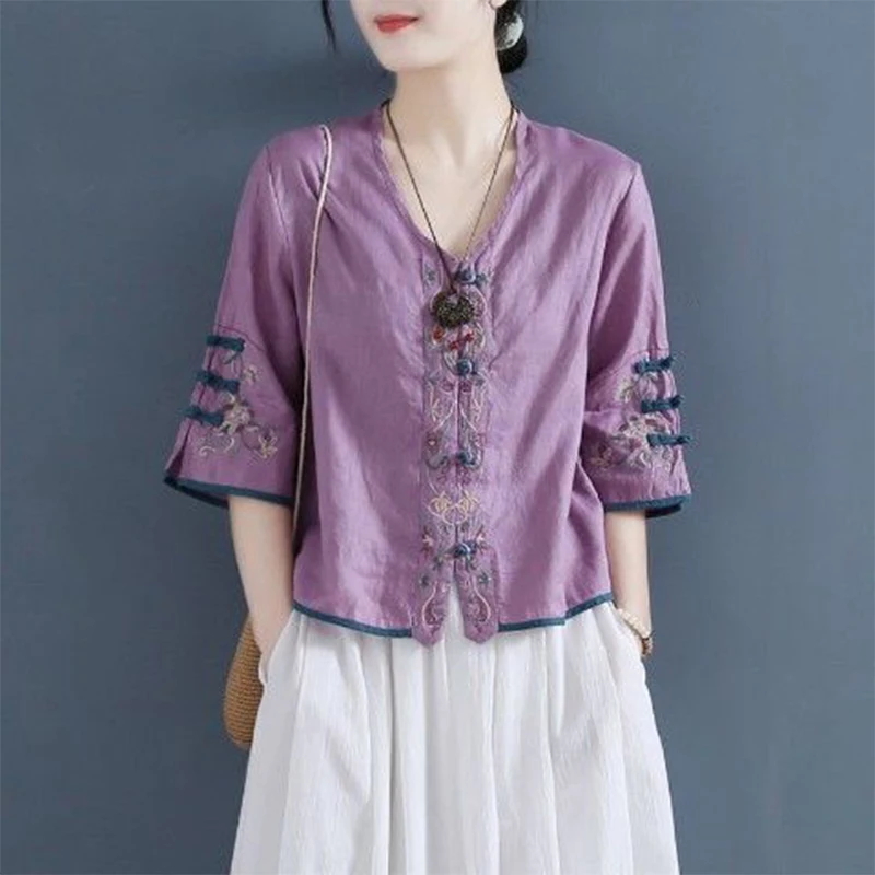 Summer Ethnic Style Cotton Linen Embroidery Vintage Frog Shirt Female Half Sleeve Loose Casual Fashion All-match Cardigan Blouse