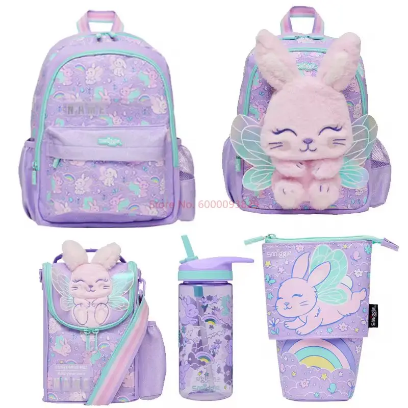 Borsa da scuola australiana Smiggle Kawaii Purple Angel Rabbit Zaino per bambini medi Tazza d\'acqua Borsa per penne retrattile Regalo per studenti