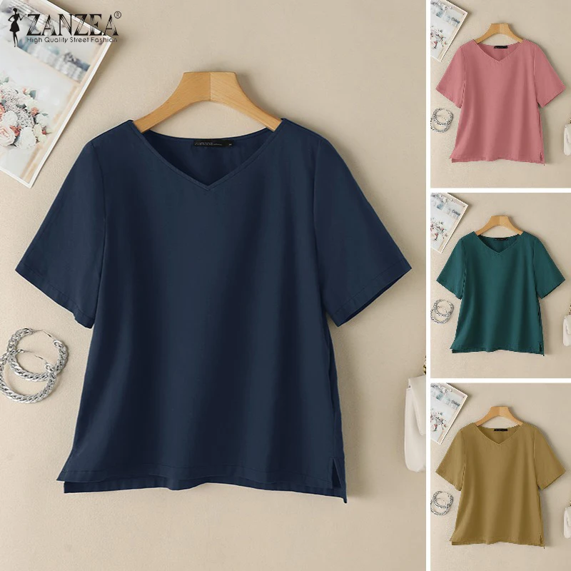 

Летняя блузка ZANZEA 2026 с коротким рукавом, женская, с V-образным вырезом, повседневная, однотонная, хлопковая, для офиса, женская рубашка, оверсайз