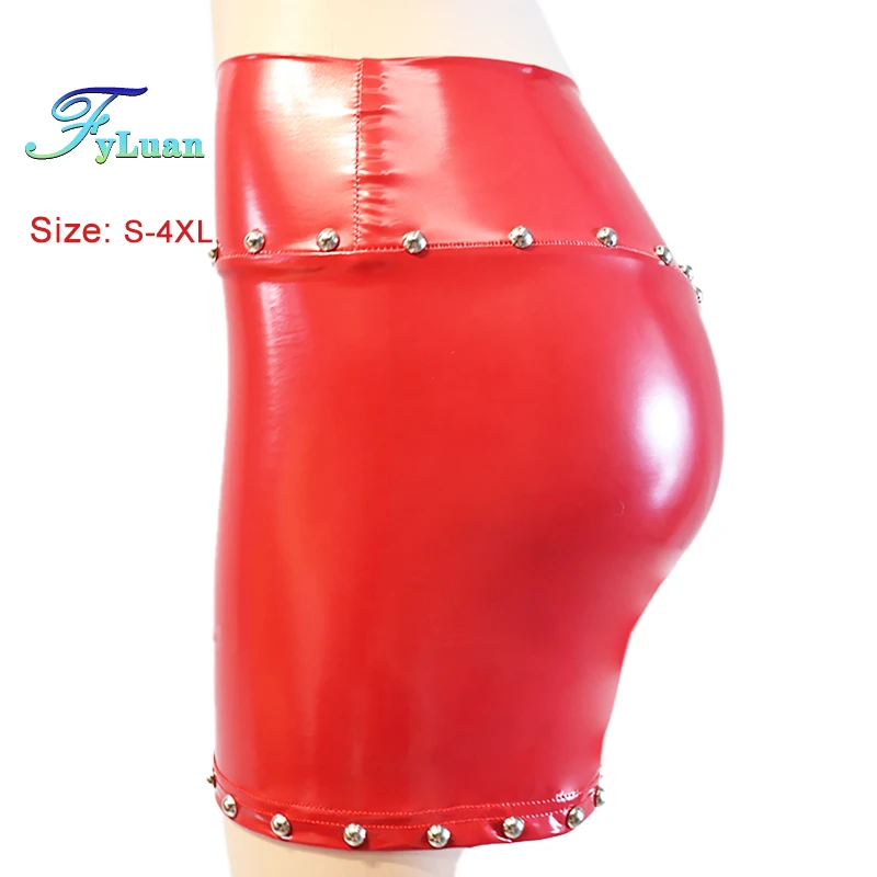 

Fashion Versatile Summer PU Leather Women Shorts Nightclub Sexy Slim High Waisted Open crotch DS Shorts Punk Woman Rivet Shorts