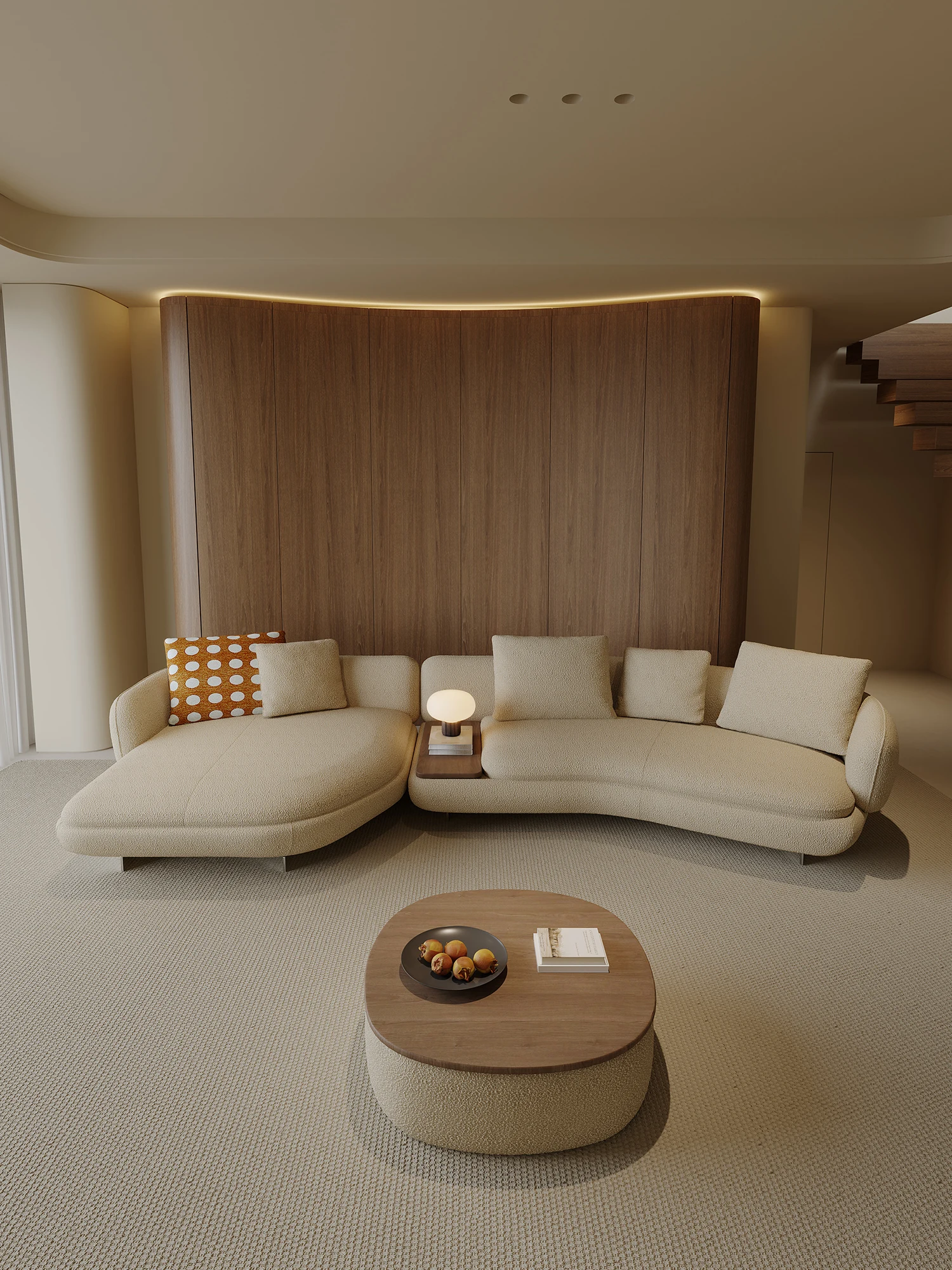 Cream Boucle Curved L Shaped Sectional Sofa With Chaise Built In Side Table Rounded Pillow Backrest For Living Room Villa