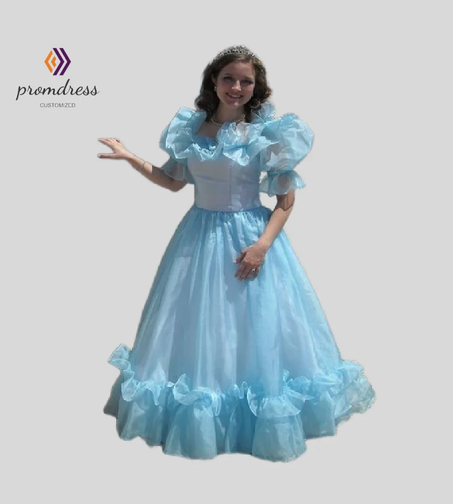 

Viking Blue 1980s Prom Dress Ruffles A Line Puff Sleeves Civil War Evening Dress Modern Medieval Formal Occasion PartyCustomized